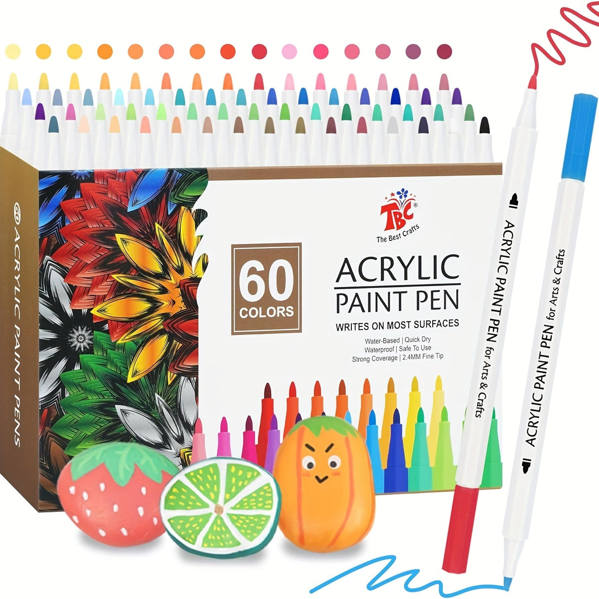 TBC The Best Crafts Acrylic Paint Pens 60 Colors Waterproof Non-Toxic Odorless Soft Brush Tip for Rock Pottery Glass Canvas Wood Fabric Eggs Handicrafts Art Gift
