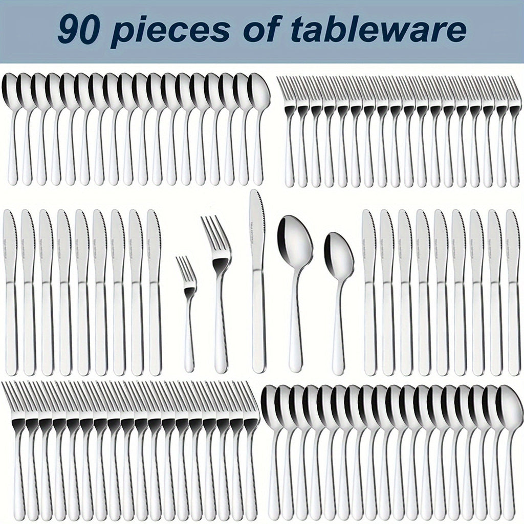 Stainless Steel Flatware Set 60/90 Piece – Silverware for 12-18 People with Gift Box, Steak Knives Salad Forks Dessert Spoons, Dishwasher Safe, for Home Wedding Camping Party Halloween