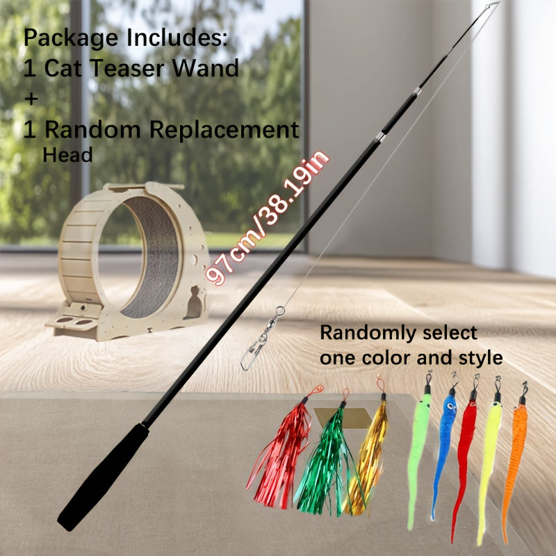 Retractable Cat Teaser Wand 1M Telescopic Stick with Feathers, Bells & Glitter Ribbon Refills – Durable Chew-Resistant Interactive Cat Toy for Indoor Kittens, Interchangeable Heads, Fun Wand Play