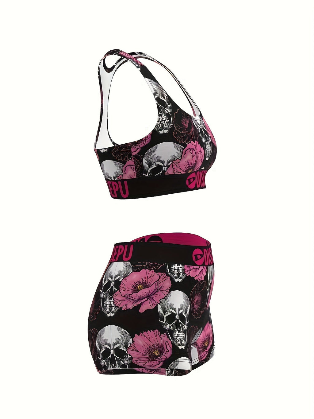 Women's Skull Pink Flower Print Sports Bra and Shorts Set - 2 Piece Gothic Floral High Stretch Activewear for Gym Yoga Running Halloween Workout, Breathable Athletic Outfit Sizes S-XXL