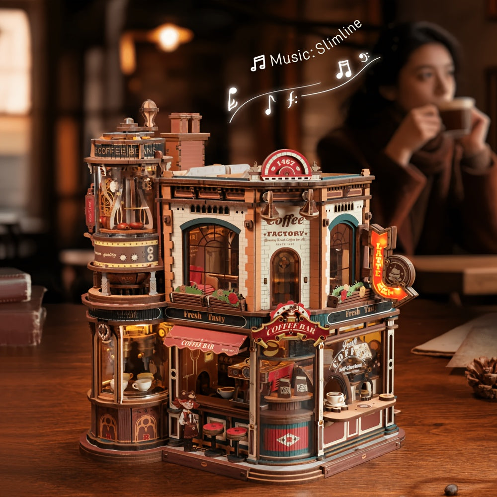 ROBOTIME 3D Wooden Puzzle Dream Coffee Factory Model with Mechanical Moving Parts, LED Lighting & Music - Wood Desk Decor Building Kit, Creative Gift for Hobbyists, Adults & Office Display