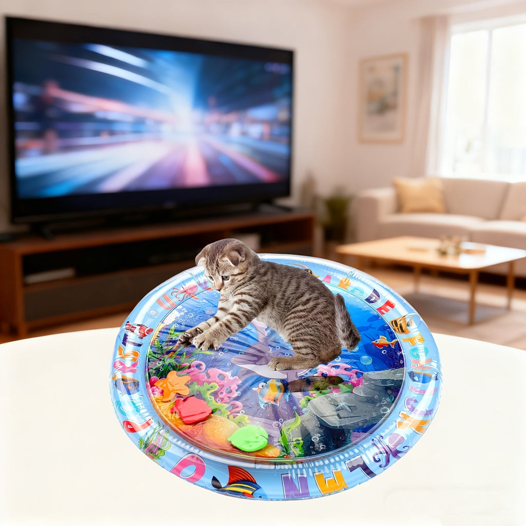Interactive Cat Water Play Mat with Floating Fish – Splash-Proof PVC Sensory Toy for Indoor Cats, No Battery Needed, Boredom Relief Fun Cat Pad for Medium Breeds