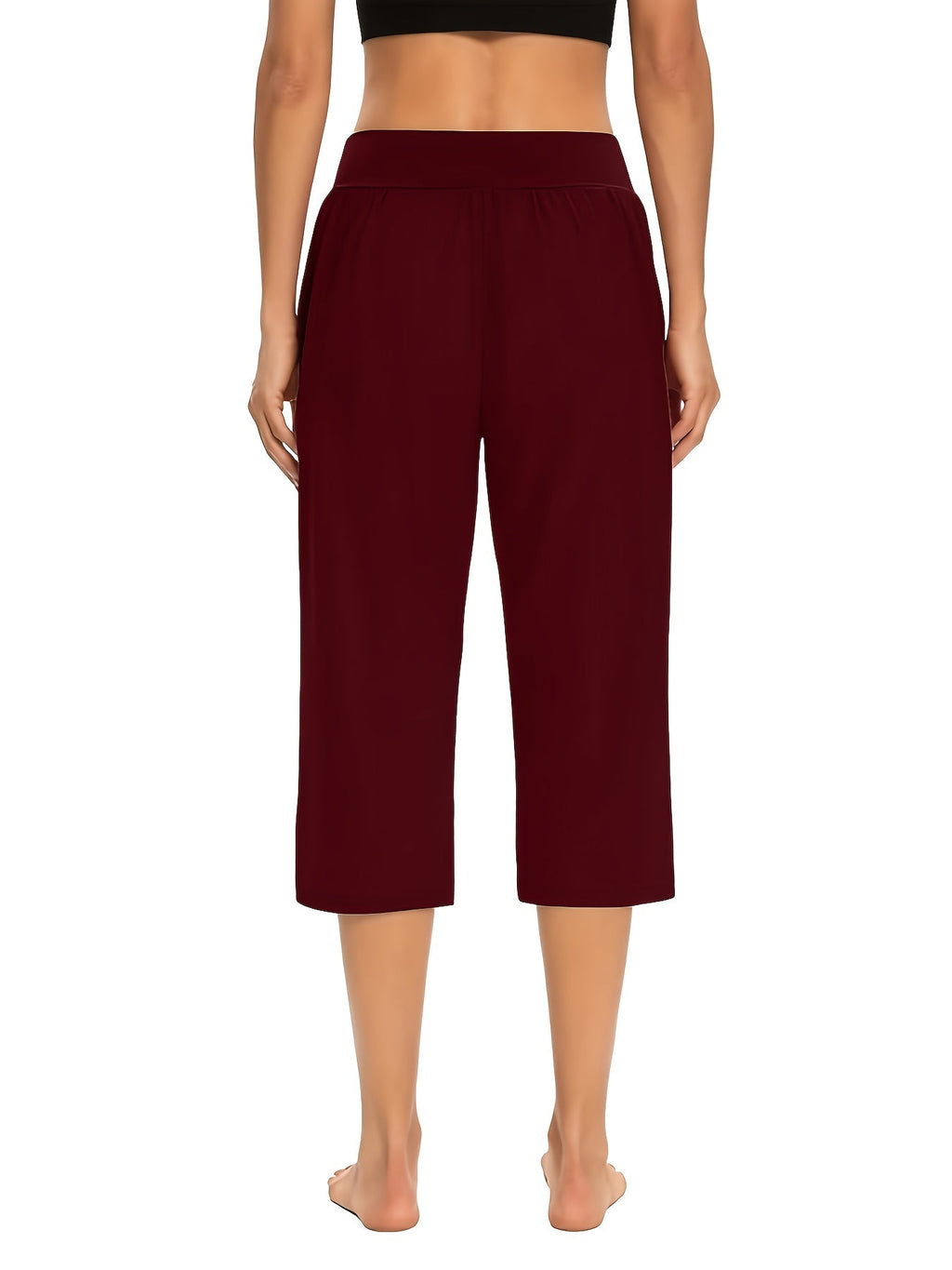 Women's High-Waisted Pull-On Cropped Pants – Stretchy Elastic Waist Lightweight Capri Pants with Pockets for Summer & Casual Wear