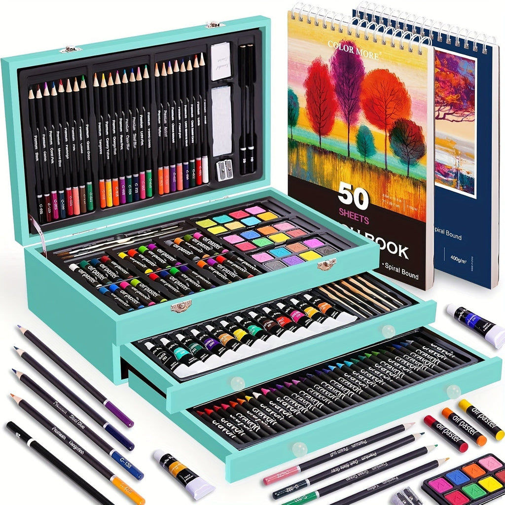 175-Piece Deluxe Art Set in Wooden Case – Professional Art Kit with 2 Drawing Pads, Crayons, Acrylic Paints & Colored Pencils, All-in-One Paint Supplies Gift for Kids & Adults, Cherry Pink Purple Blue Wood Brown