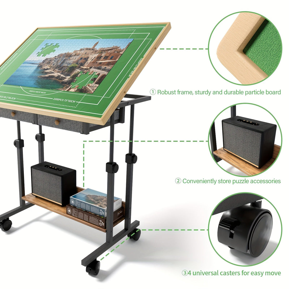 Adjustable Puzzle Table with Legs – 35"x26" Wooden Jigsaw Puzzle Board with 5 Tilt Angles, 6 Drawers, Protective Cover & 4 Wheels for Adults, Fits Up to 1500 Pieces