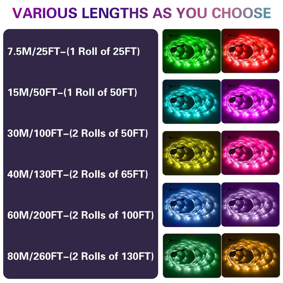 RGB LED Light Strip 50ft to 260ft – Color Changing with 44-Key Remote Control, DIY Mode, Dimmable, for Bedroom, Living Room, Christmas, Holiday Party & Home Decoration