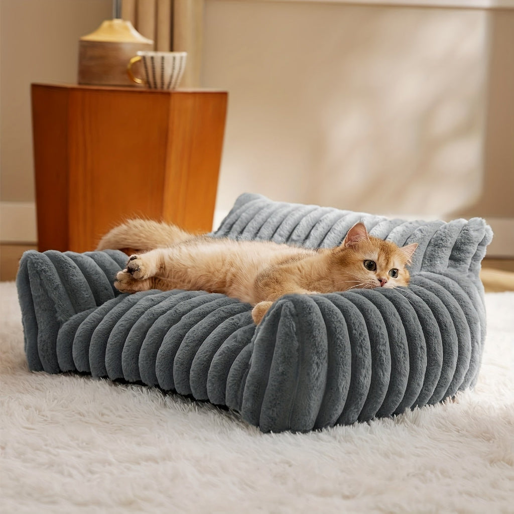 Cat Couch Sofa Bed for Indoor Cats - Fluffy Calming Cat Bed with Premium Soft Corduroy Fleece Cover, Non-Collapse Support Frame, Cozy Fuzzy Pet Sofa Lounge for Cats and Small Dogs