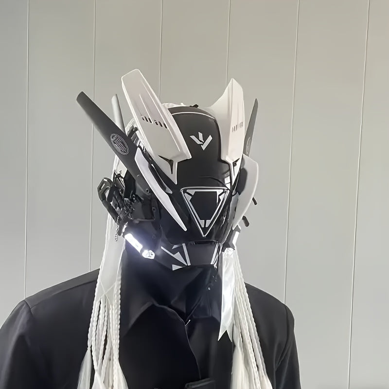 Cyberpunk LED Mask White Horn Helmet with Tassel Futuristic Sci-Fi Headwear – Halloween Cosplay Costume, Bar Club Rave LARP Stage Performance Dress-Up Accessory for Cyberpunk & Sci-Fi Fans