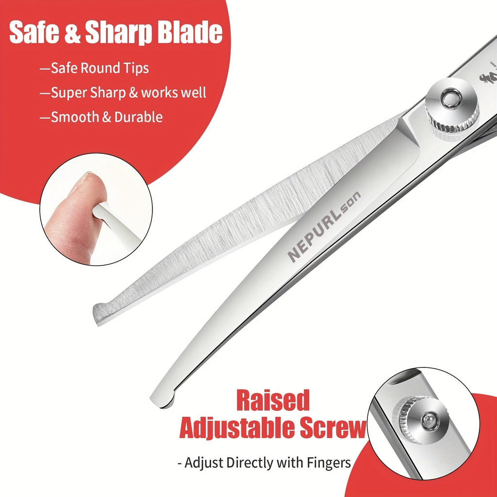 Curved Pet Grooming Scissors with Safety Round Head - Stainless Steel Dog Cat Grooming Shears for Face, Ears & Paws - Professional Pet Hair Cutting Scissors