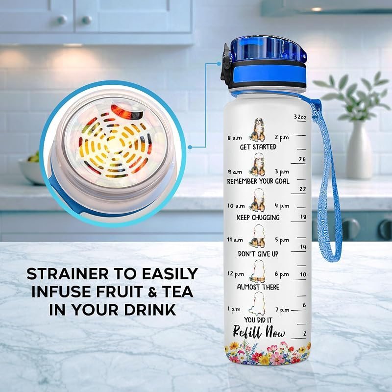 Bernese Mountain Dog Water Bottle 32oz with Time Marker & Flip Lid – Motivational Hydration Tracker Sports Bottle with Carry Strap, Reusable BPA-Free Gift for Dog Lovers