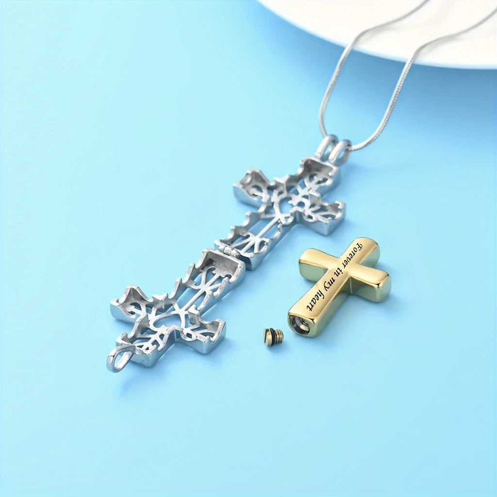 Cross Cremation Urn Necklace for Ashes - Stainless Steel Memorial Pendant Necklace, Keepsake Cremation Jewelry for Human or Pet Ashes, Sympathy Gift for Loss of Loved One, Father, Mother, Pet