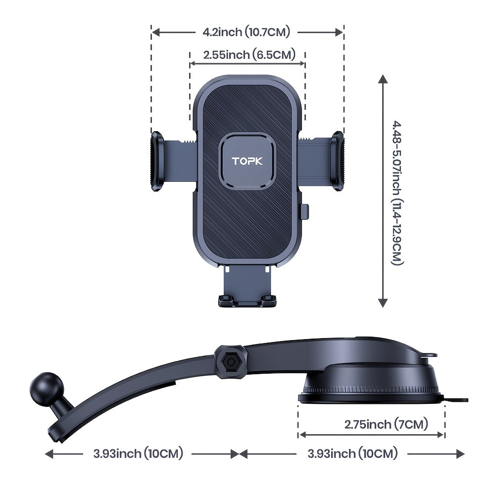TOPK Upgraded Car Phone Holder Dashboard Mount Universal Hands-Free Cell Phone Car Mount for iPhone 17 16 15 Samsung Galaxy and All Android Smartphones Secure Dash Mount Black