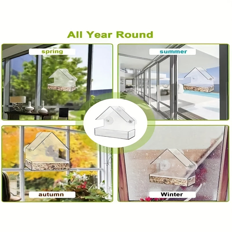 Clear Acrylic Bird Feeder with Strong Suction Cups for Windows - Durable PP Material All Season Indoor Outdoor Hanging Seed Dispenser for Wild Bird Watching Gift