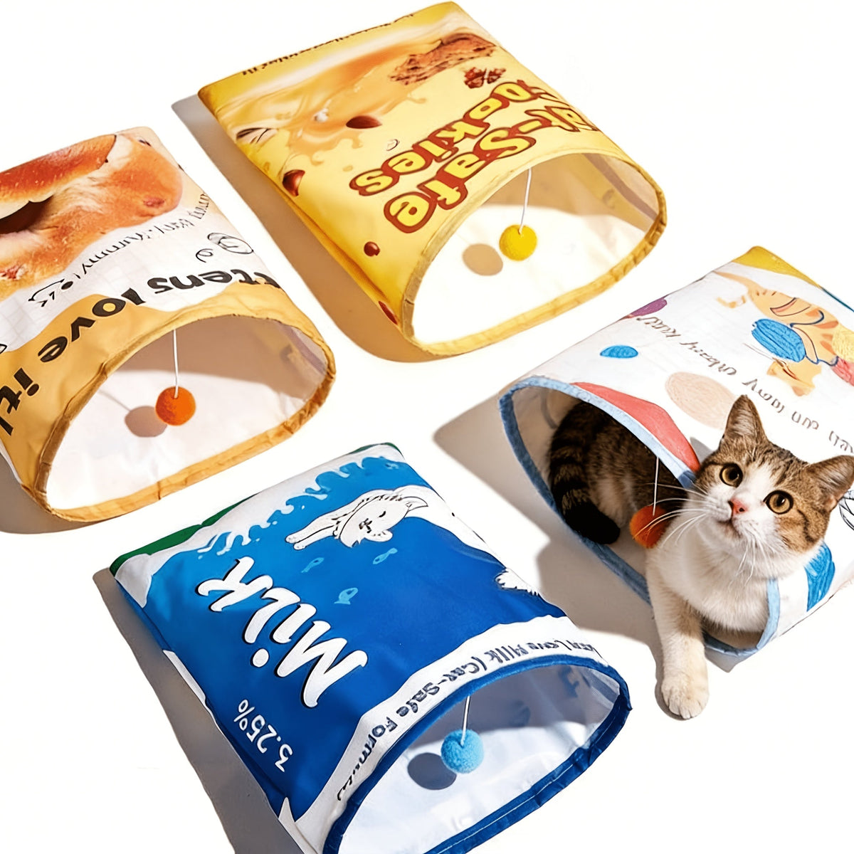 Cat Crinkle Paper Bag Rattle Tunnel Toy – Self-Entertainment Sensory Sounding Toy for Indoor Cats, Interactive Boredom Relief Puzzle Toy, 4 Fun Styles Including Snack Bag & Furry Ball Design