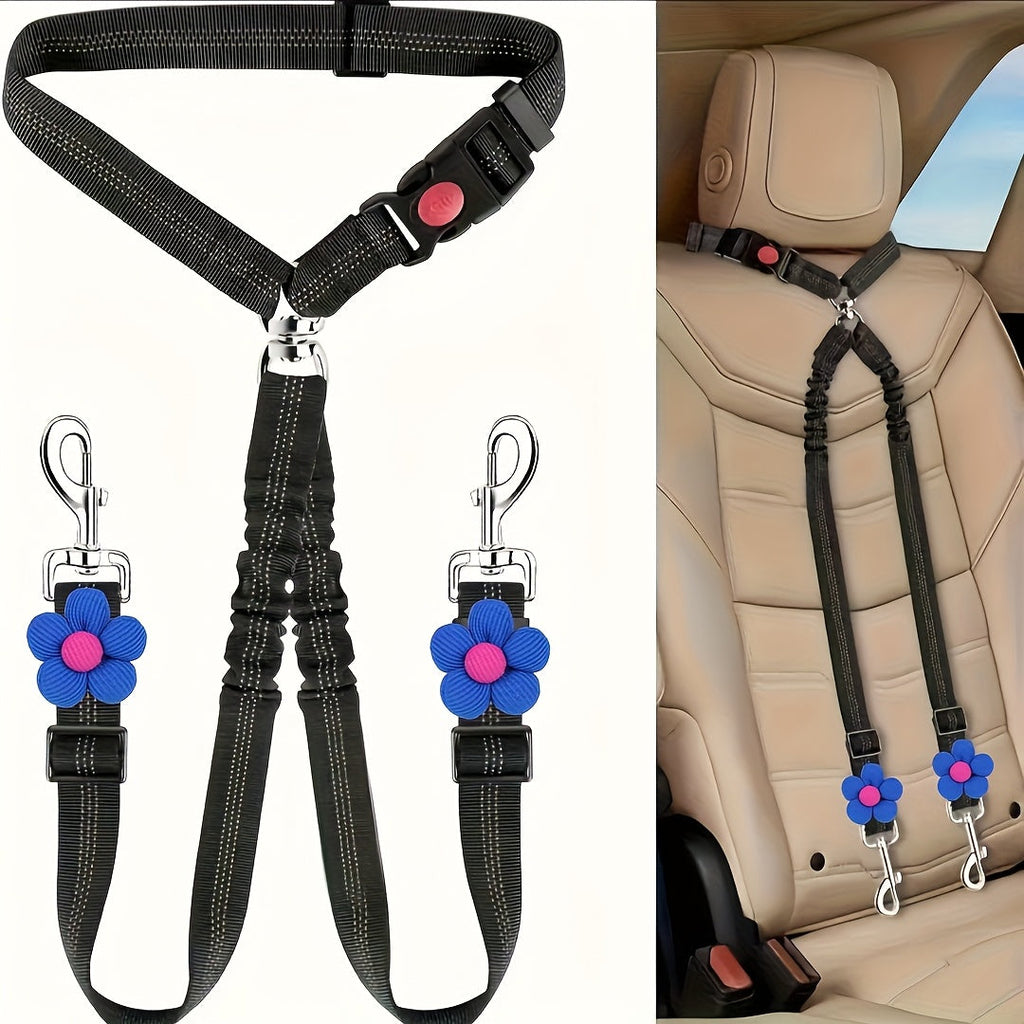 Double Dog Car Seat Belt Dual Pet Safety Restraint Headrest Elastic Bungee Leash Splitter No-Tangle Adjustable for 2 Dogs Vehicle Travel Black Blue Red Orange