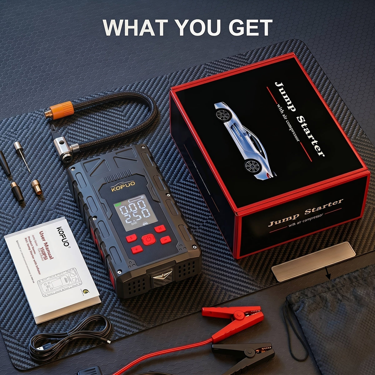 Portable Car Jump Starter with Air Compressor 20000A Peak 7-in-1 Battery Booster Pack with 150PSI Tire Inflator, Power Bank, LED Light & LCD Display – 12V Emergency Roadside Kit for Car SUV Truck