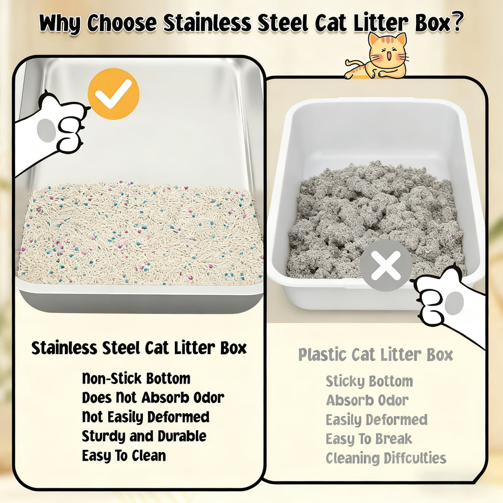 Stainless Steel Cat Litter Box – Odor-Proof High-Sided Metal Litter Tray, Non-Stick Anti-Scratch Leak-Proof Design, Easy to Clean Indoor Cat Toilet for Large, Medium & Small Cats, Multiple Sizes & Colors