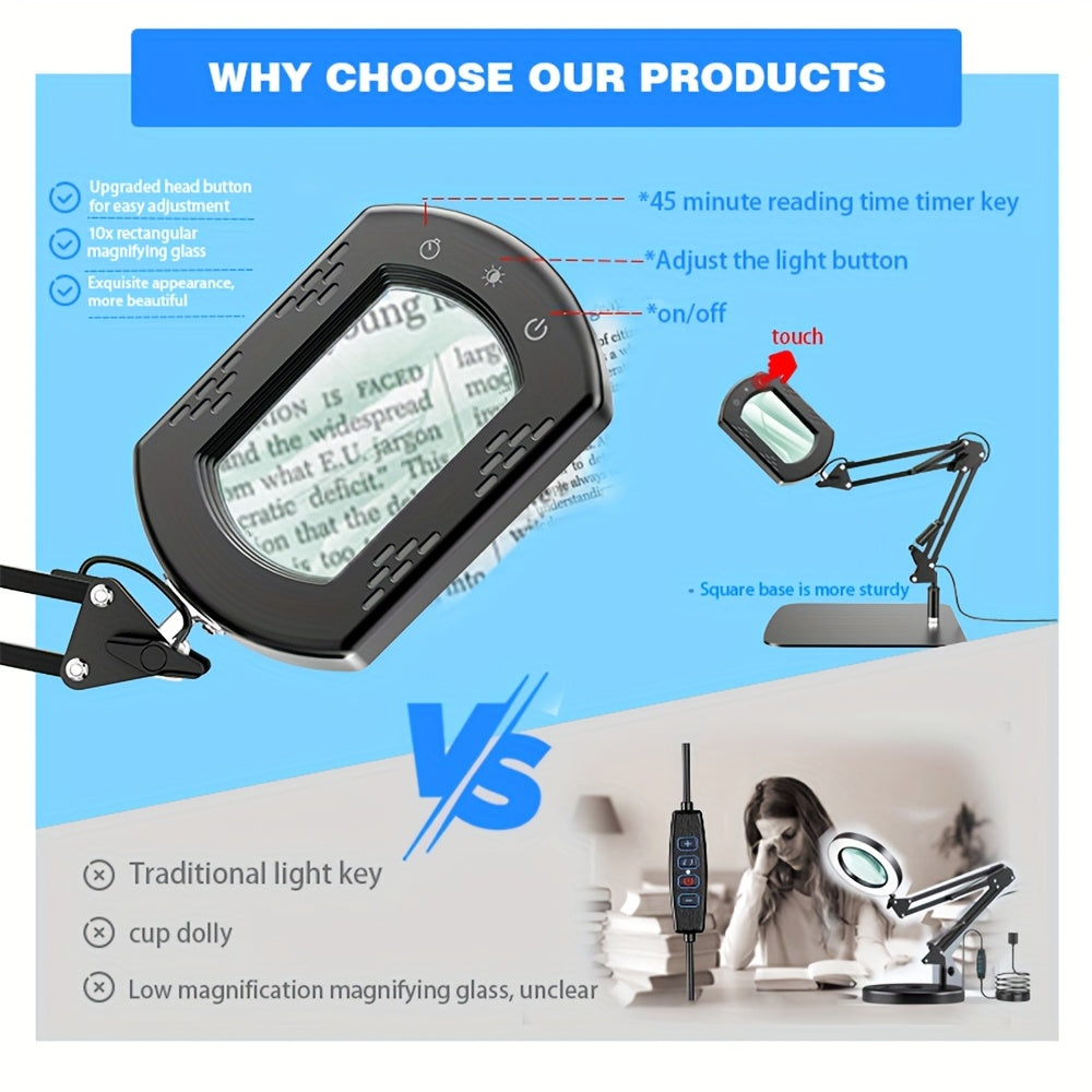 15X Magnification LED Magnifying Glass Lamp with Adjustable Arm & Clamp Base – Dimmable 3-Color Light, USB-Powered Desk Magnifier for Reading, Crafts, Manicure, Sewing & Precision Work (Black/White)