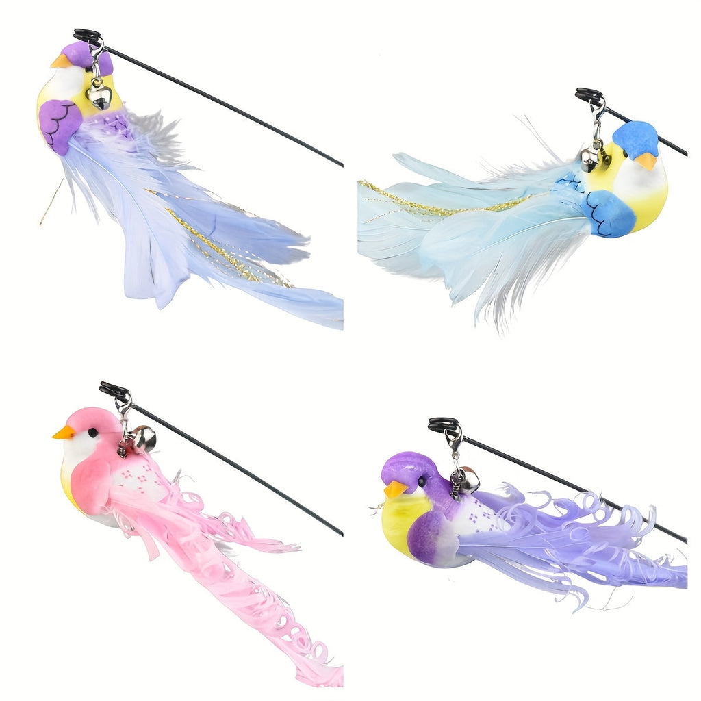 Cat Teaser Toy Set 3pc - Simulated Bird Feather Wand with Double Rod Strong Suction Cup and Bell for Interactive Training Boredom Relief - No Battery Indoor Cat Toy Nylon Feathers Random Color