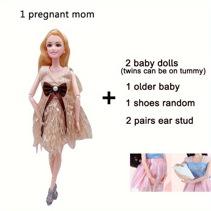 11.8 Inch Fashion Pregnant Doll with Movable Joints Mom Doll with 2 Baby Dolls Elder Doll Ear Studs Shoes Modern Dress Princess Doll Educational Toy for Girls Ages 3+