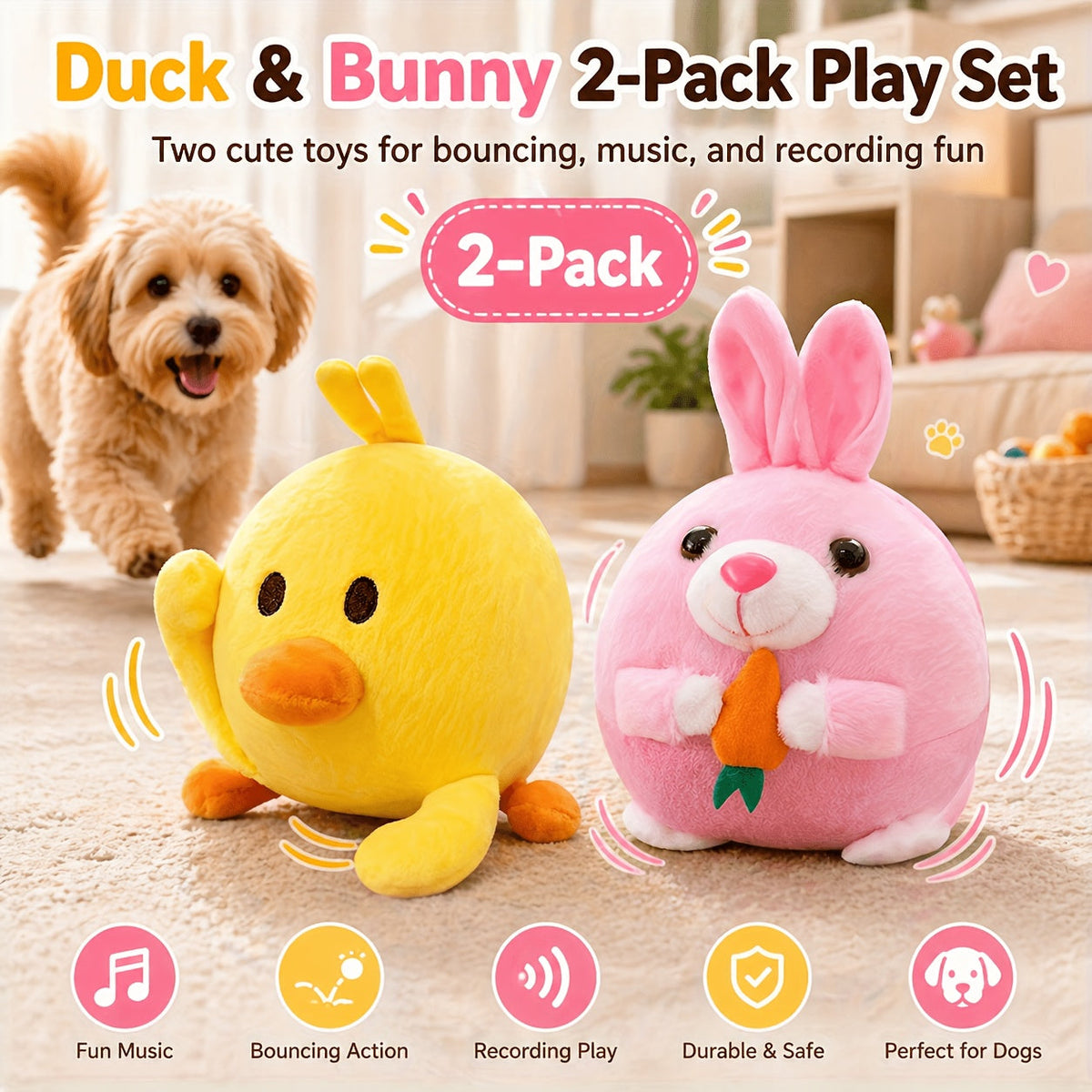 USB Rechargeable Bouncing Dog Toy – Motion Sensor Electronic Ball with Pig Sound & Voice Recording, Washable Interactive Fetch Toy for Small Dogs & Puppies
