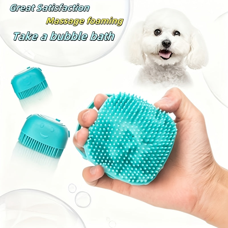 Pet Grooming Bath Brush with Built-In Shampoo Dispenser Dog Cat Massage Brush De-Shedding Scrubber Ergonomic Handle Soft Silicone Bristles for Bathing Dogs Cats Blue
