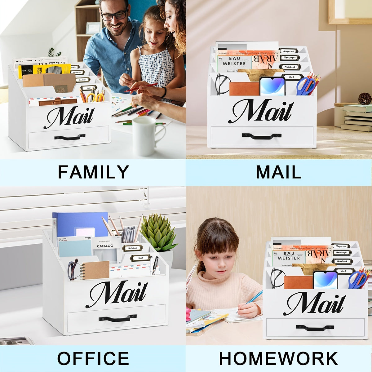 Large Solid Wood Desktop Mail Organizer with Drawer and 4 Compartments Labelable Dividers for Files Letters Paper Folders Desk Organizer for Home Office Students and Professionals