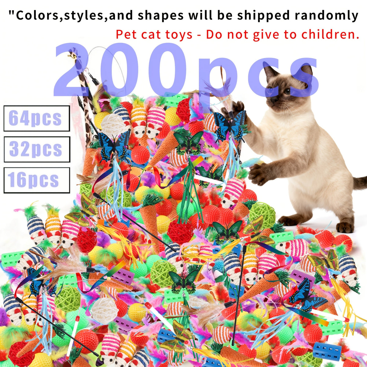 Mixed Cat Toy Set 16/32/64/200pcs - Assorted Interactive Plastic Feather & Polyester Toys for Cats, Random Colors & Styles, Bulk Cat Toys for Multiple Cats & Kittens, Daily Playtime Variety Pack