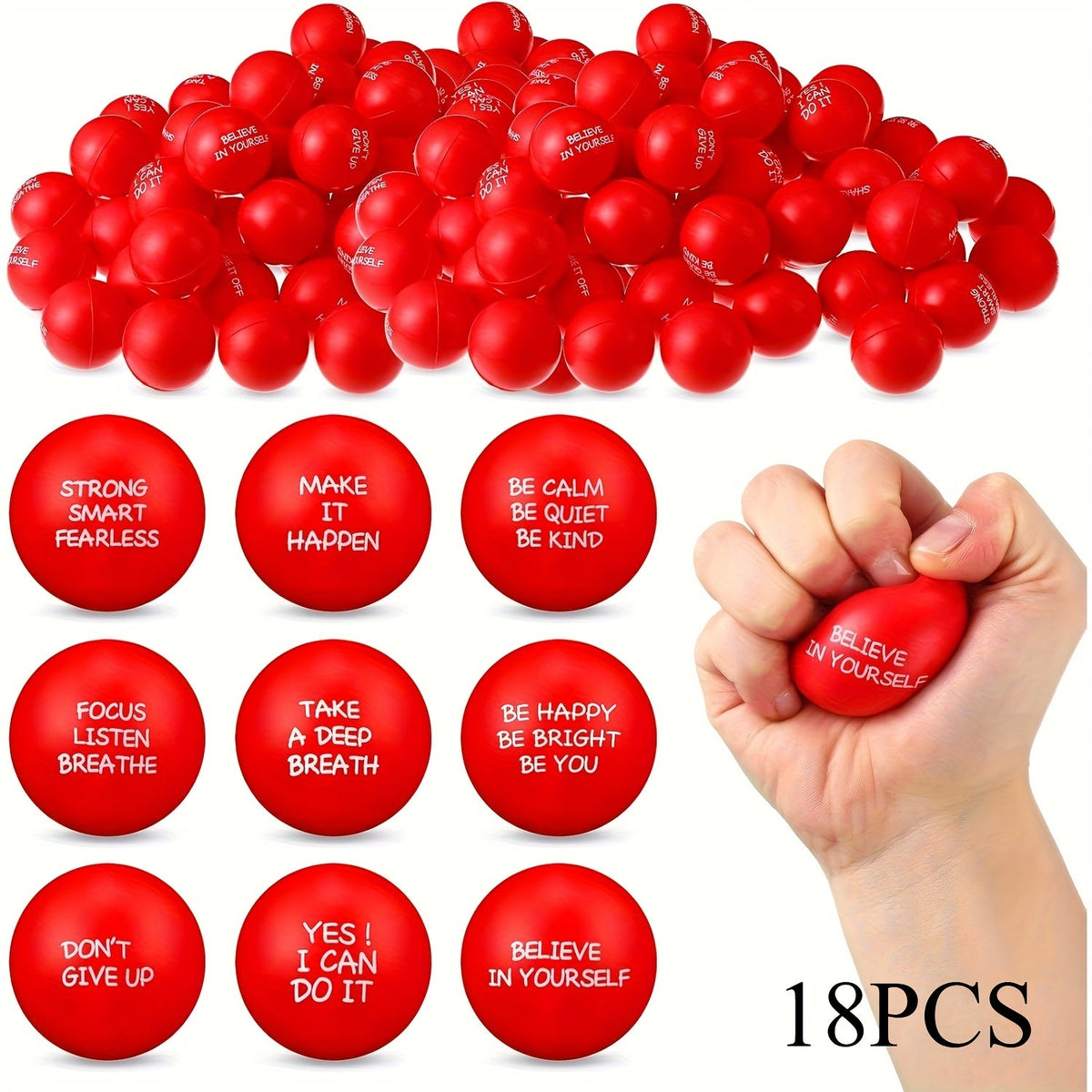 18 or 36 Pcs Mini Motivational Quote Squeeze Balls 1.6 Inch Stress Relief Squeezable Toys for Kids Classroom Incentive Prizes Party Favors Easter Spring Back to School Office Team Gifts Pink Red Blue Green Yellow