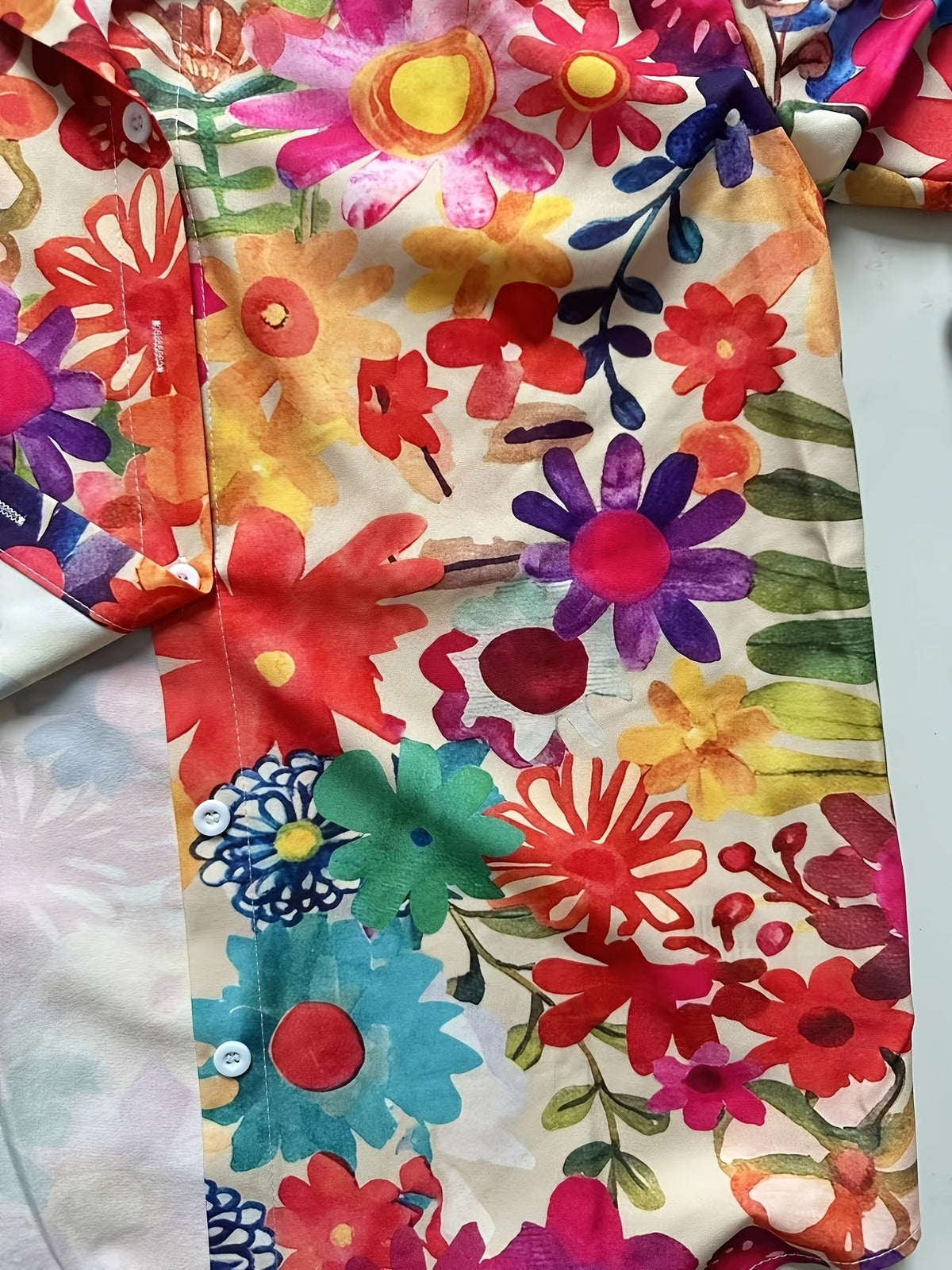 Women's Floral Print Button Down Shirt Long Sleeve - Colorful Flower Pattern V-Neck Casual Blouse with Pockets, Loose Fit Spring Summer Top, Boho Vacation Shirt S-XXL