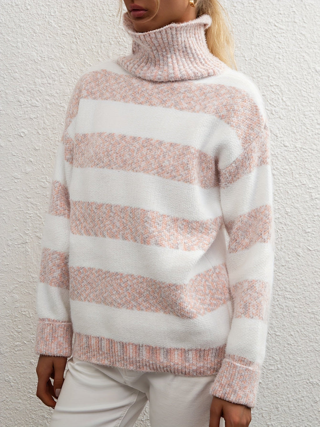 Women's Faux Mink High-Neck Sweater - Thick Loose Fit Striped Pullover | Warm Fall Winter Outerwear Base Layer Knit Top