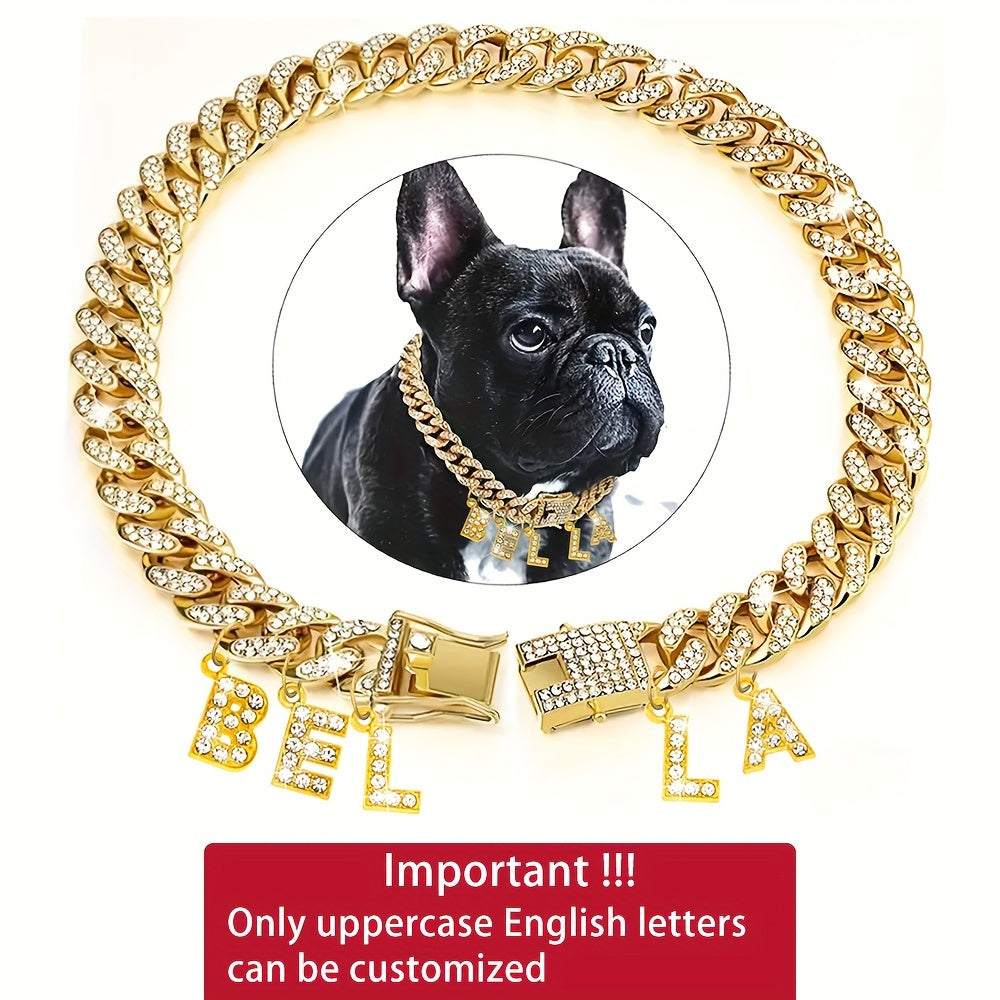 Personalized Rhinestone Dog Necklace Collar with Letter Pendant Tag – Sparkling 13mm Cuban Chain Dog Collar, Custom Initial Charm, Double Lock Design for Small Medium Dogs, Luxury Pet Jewelry Gift