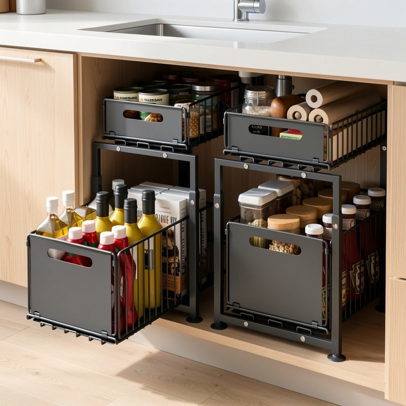 Under Sink Organizer 2-Tier Pull-Out Cabinet Shelf with Adjustable Height, Sturdy Carbon Steel Kitchen Storage Rack, Space-Saving Bathroom & Pantry Cabinet Organizer for Kitchen Organization