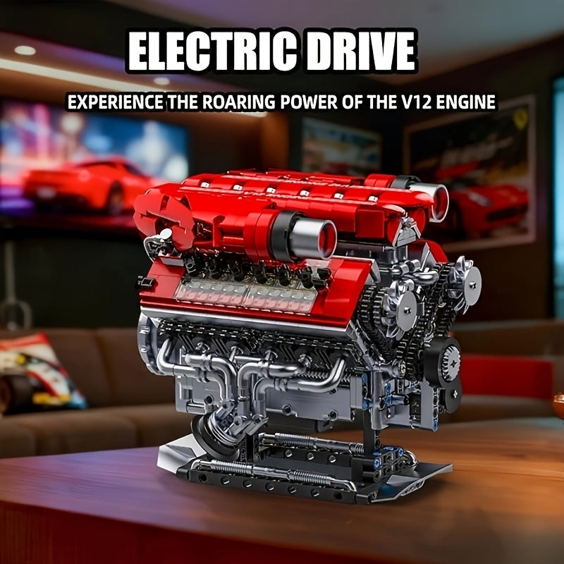 1607pcs Motorized V12 Engine Model Kit with Rechargeable Motor – Sports Car Engine Assembly Set, STEM Mechanical Engineering Building Toy, Group Build Collectible, Holiday Birthday Gift for Adults & Teens