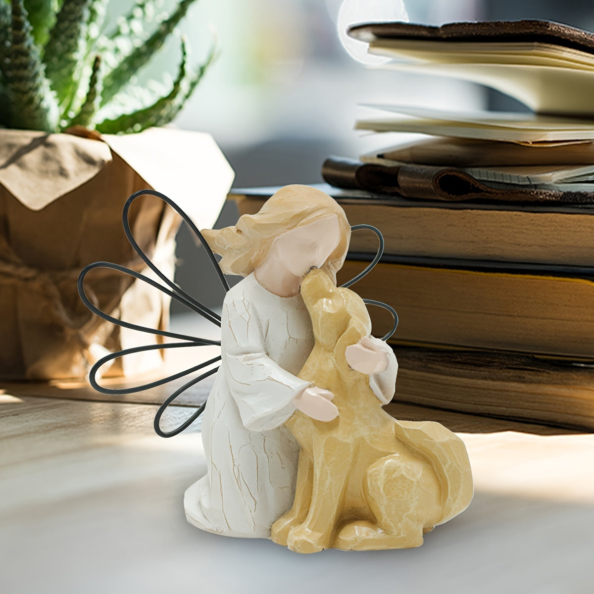 Angel Embracing Dog Memorial Resin Statue – Healing Pet Loss Figurine, Indoor Home Decor for Living Room, Dog Remembrance & Anniversary Gift – Wooden Carved Angel & Dog Design
