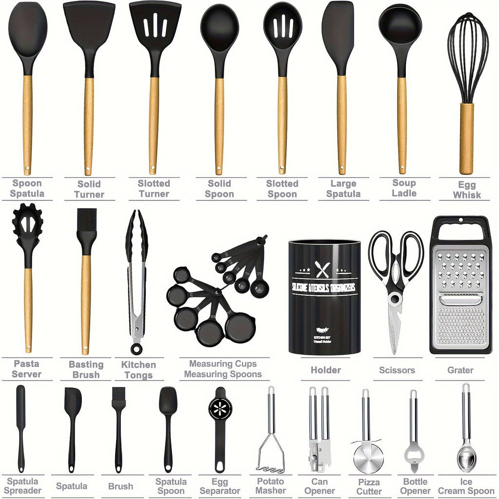 34-Piece Silicone Kitchen Utensils Set with Holder – Heat Resistant Cooking Utensils for Nonstick Cookware, Wooden Handle Spatula Set, Kitchen Gadgets & Tools, Great Father's Day Gift (Khaki/Black/Gray)