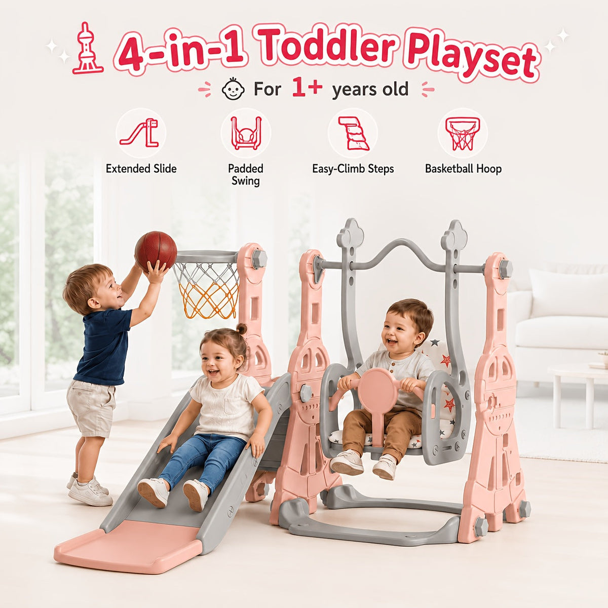 Toddler Slide and Swing Set 4-in-1 Heavy-Duty Indoor Outdoor Kids Playset with Extended Slide Adjustable Padded Swing Basketball Hoop & Enclosed Steps – Ages 1-3