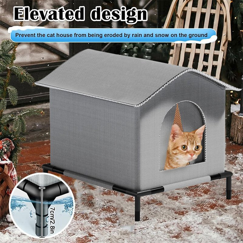 Outdoor Cat House All-Season Insulated Shelter with Stand - Oxford Cloth Cat House with Aluminum Foil Lining, Fluffy Blanket Included, Rain Snow & Wind Protection, 3 Sizes for Cats Up to 22lbs