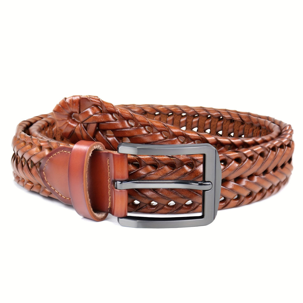 Men's Leather Braided Belt – Woven Hollow Design with Gold Zinc Alloy Buckle, Casual Dress Belt for Golf Pants Jeans Everyday Wear, Sizes 34" to 50", Great Gift for Dad