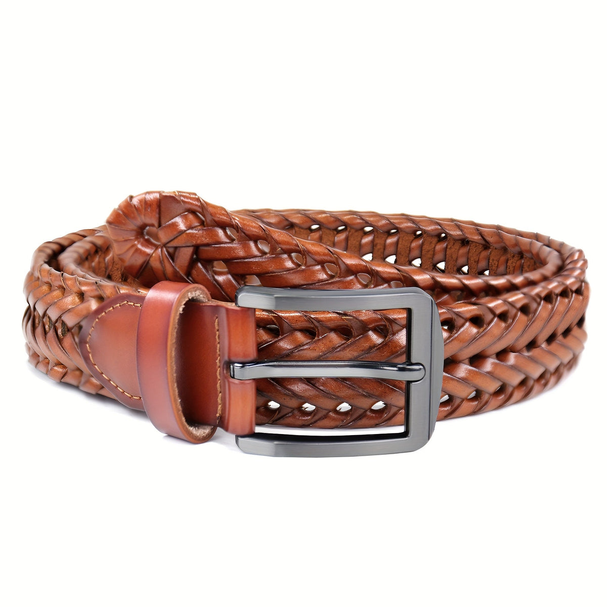 Men's Leather Braided Belt – Woven Hollow Design with Gold Zinc Alloy Buckle, Casual Dress Belt for Golf Pants Jeans Everyday Wear, Sizes 34" to 50", Great Gift for Dad