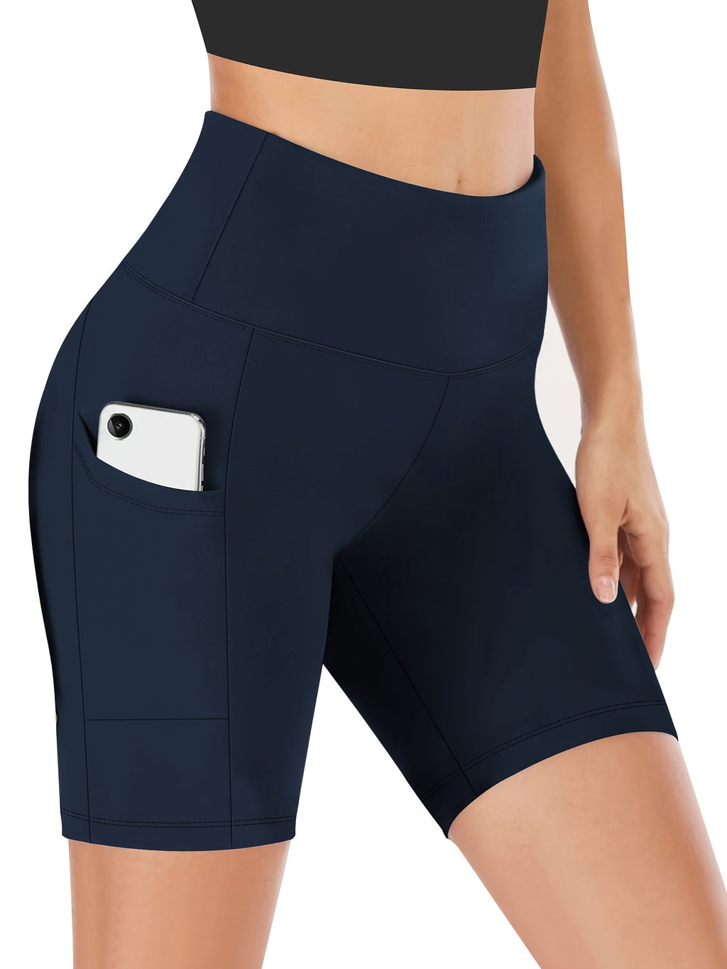Women's High Waist Yoga Shorts – 4-Way Stretch Sweat-Wicking Athletic Shorts with Elastic Waistband & Side Pockets for Running, Cycling & Training – Black, Dark Gray & Navy, Sizes S-XXL