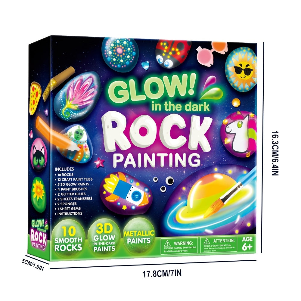 Glow in the Dark Rock Painting Kit for Kids Ages 6+ Arts and Crafts Set with 10 Rocks 6 Standard 6 Metallic 5 Glow Paints Brushes Gems Stickers Non-Toxic Birthday Easter Gift Boys Girls