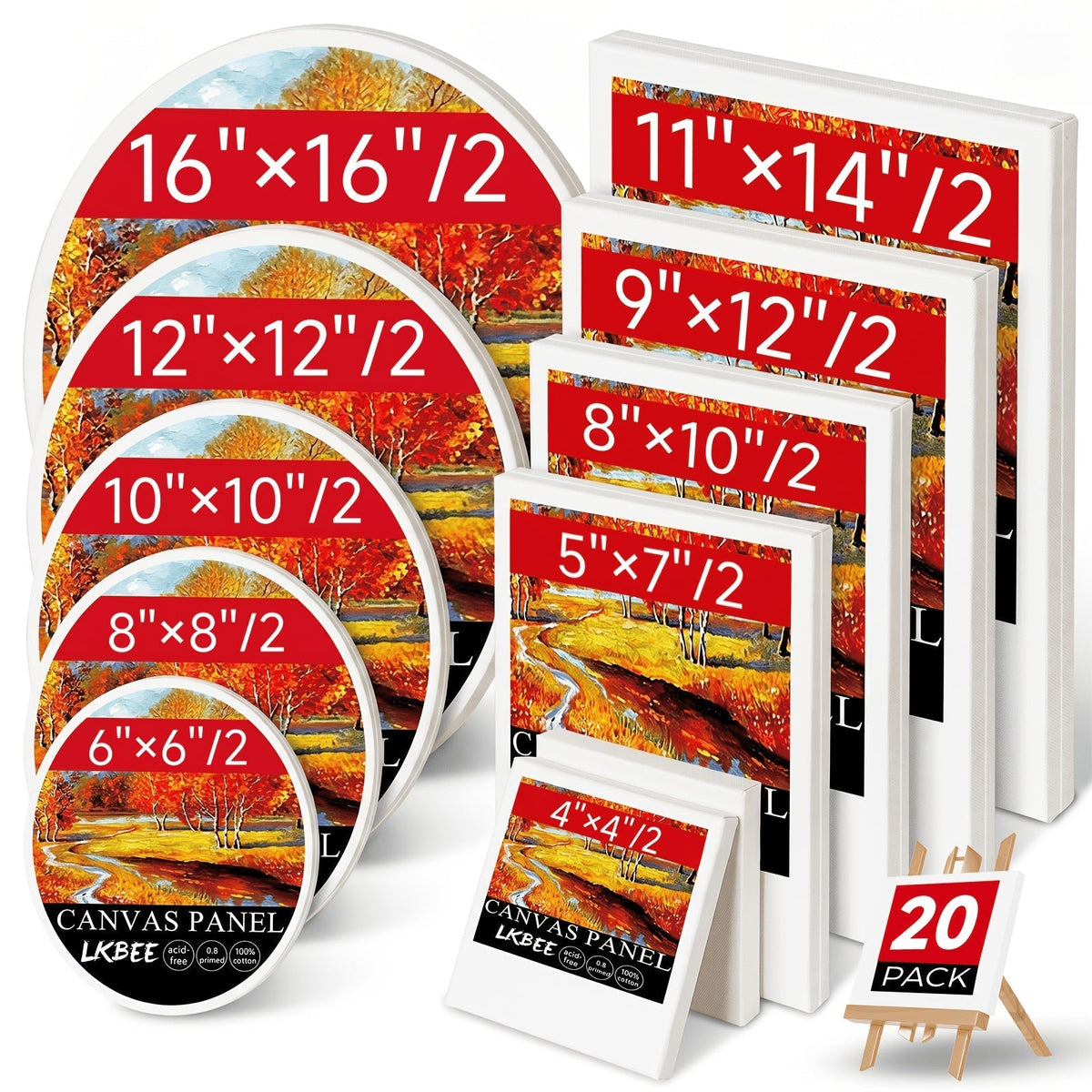 Stretched Canvas Board Set Round & Square Multi-Size Combo – 5 to 20 Piece Packs in 10x10, 11x14, 12x12, 16x16 & More – Ideal for Acrylic Pouring, Wet-on-Wet, Oil Painting & Classroom Teaching