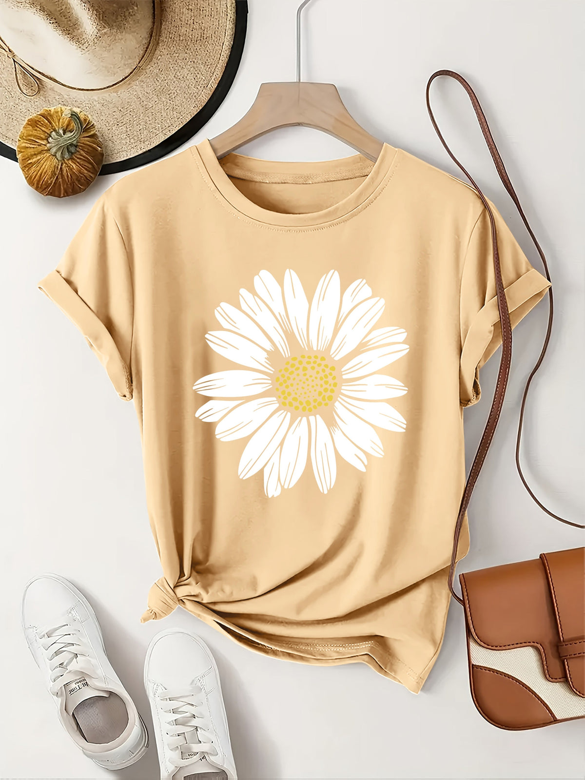 Women's Daisy Flower Print Round Neck T-Shirt | Casual Summer Tops for Women Short Sleeve Tee Shirts Cute Floral Graphic Tshirts S M L XL XXL