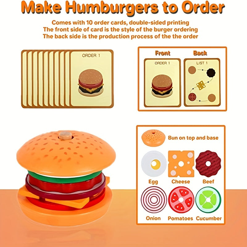 Wooden Stacking Hamburger Toy Set Fine Motor Skill Game with Food Pieces & Order Cards Montessori Pretend Play Toy for Toddlers Ages 3+ Birthday Halloween Thanksgiving Christmas Gift