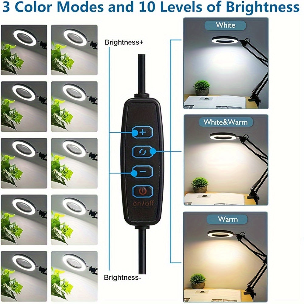15X Magnification LED Magnifying Glass Lamp with Adjustable Arm & Clamp Base – Dimmable 3-Color Light, USB-Powered Desk Magnifier for Reading, Crafts, Manicure, Sewing & Precision Work (Black/White)