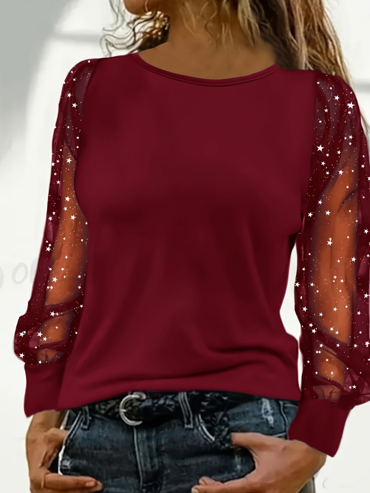 Women's Elegant Sequin Lantern Sleeve Blouse Solid Color Mesh Lace Trim Round Neck Stretchy Top 95% Polyester Spring Summer Fall S-XXL