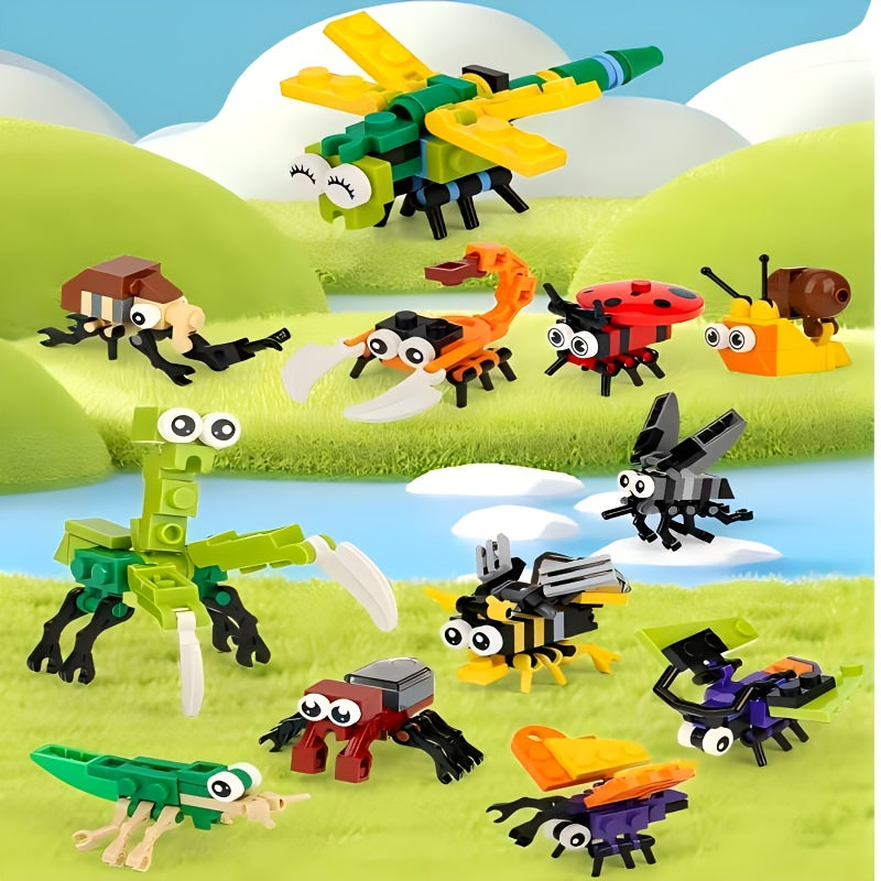 12-Type Mini Animal & Insect Building Blocks Set for Kids - Small Particle Interlocking Bricks with DIY Assembly Animal Models, STEM Construction Toy, Birthday Party Gift & Classroom Activity
