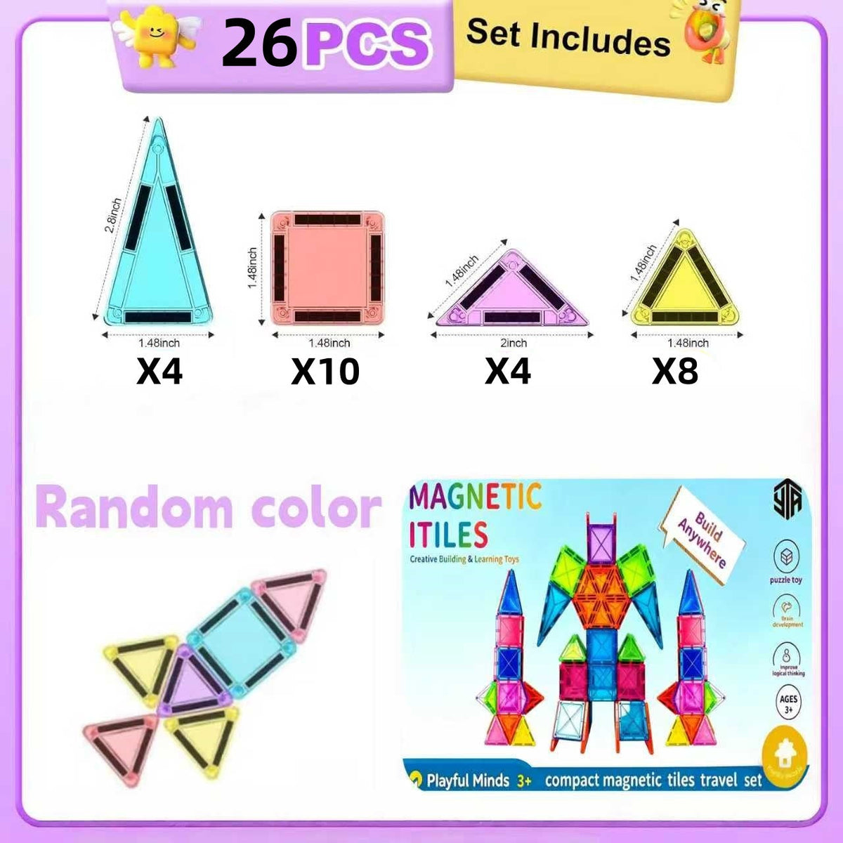 Mini Magnetic Tiles Travel Set with Tin Box for Kids - Portable Magnetic Building Blocks Toy for Boys and Girls Ages 3+, STEM Creative Construction Kit, 26 or 32 Piece Set, Birthday & Christmas Gift