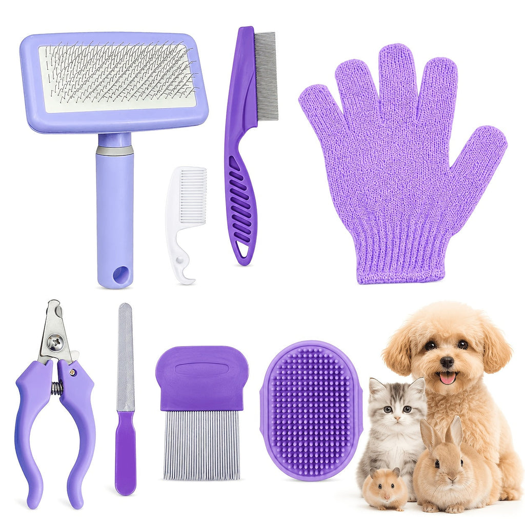 8-Piece Pet Grooming Comb Set for Dogs, Cats & Small Animals - Complete Long & Short Hair Care Kit, Multi-Function Grooming Combs for All Coat Types, Home Grooming Essential (Purple)